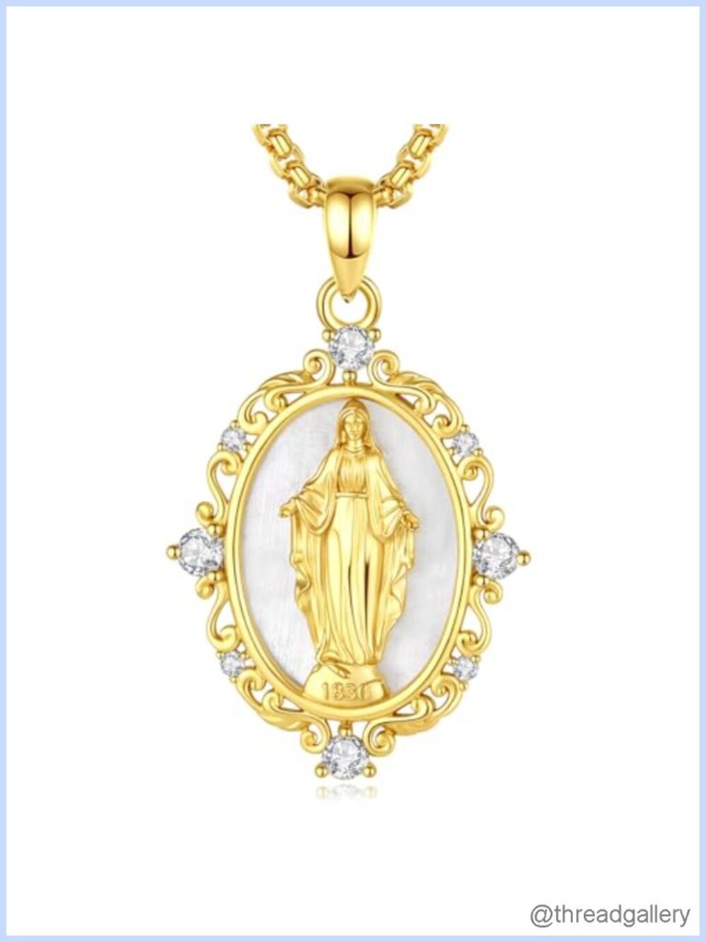 18K Gold Plated Copper Miraculous Medal Pendant Necklace Mother of Pearl CZ
